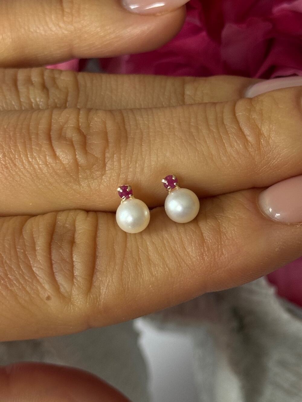 14K Yellow Gold Pearl & Ruby Stud Earrings